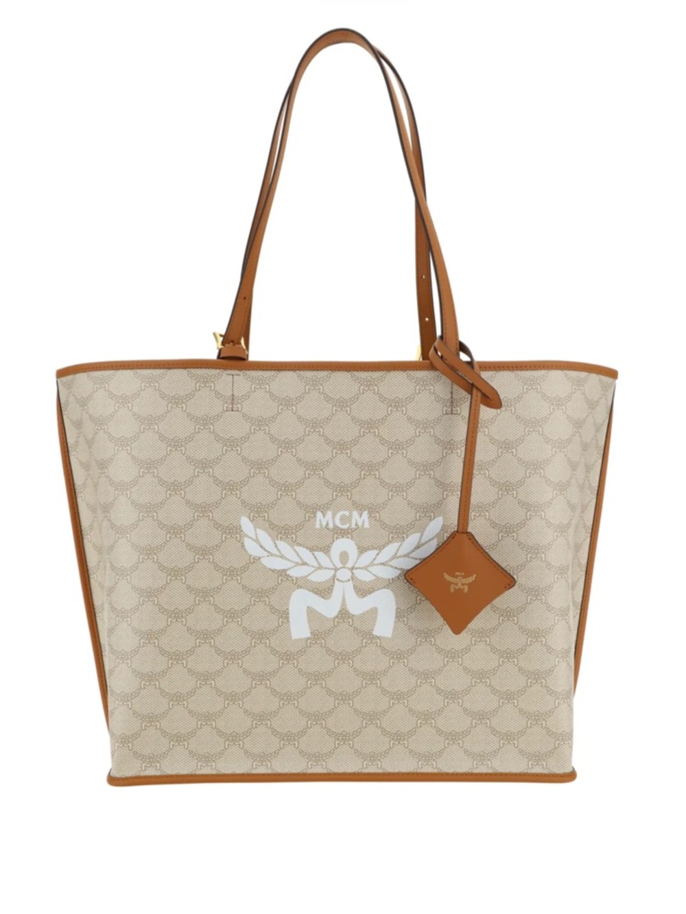 MCM Beige Monogram Canvas Tote with Cognac calf Leather Trim